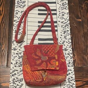 L O’Neill Design Tapestry Red Patterned Handmade Stone Dangle Crossbody Bag